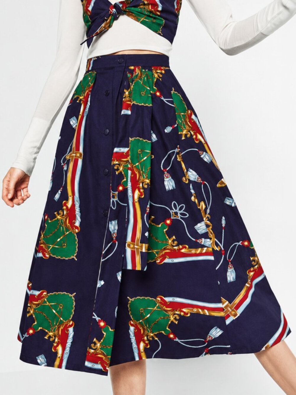 Zara Navy Nautical Cotton Midi Skirt Size S